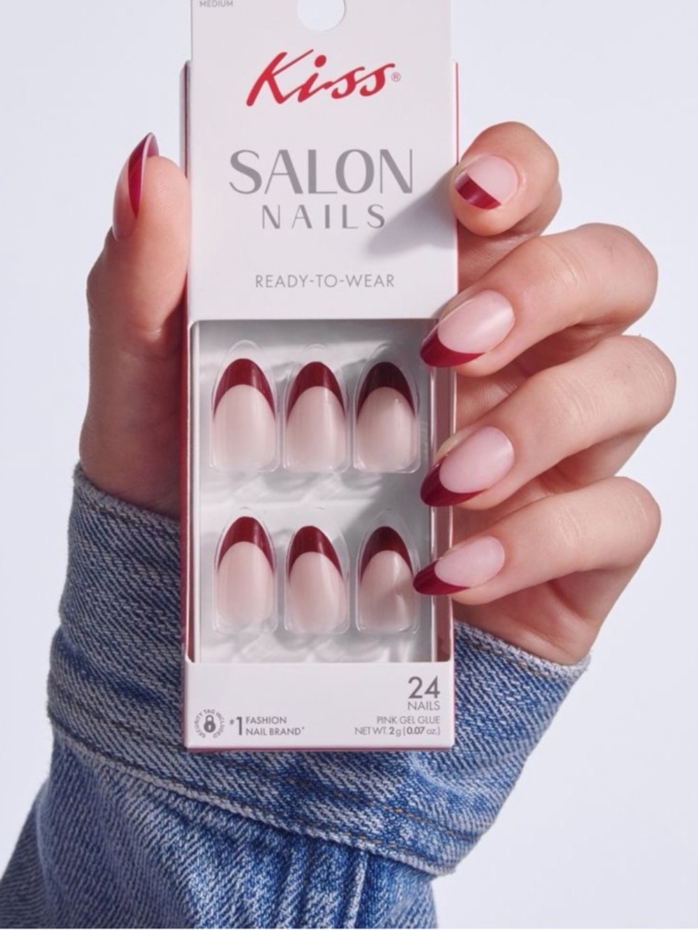KISS Voguish Fantasy Press-On Nails Natural Burgundy French Tips Passionable - Picture 15 of 16